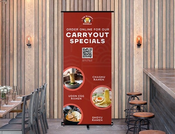 Retractable banners come in multiple sizes and are vibrantly colorful.