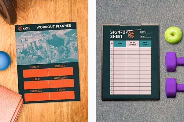 Personalized weekly workout planning flyer that reads 'WORKOUT PLANNER.' Printed class sign in sheet on table top next to free weights and apple.