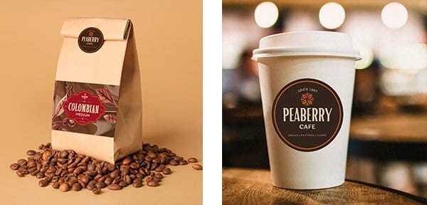 A label on a coffee bag reads “COLOMBIAN” describing the roast while a label on a paper coffee cup reads “PEABERRY CAFÉ.”