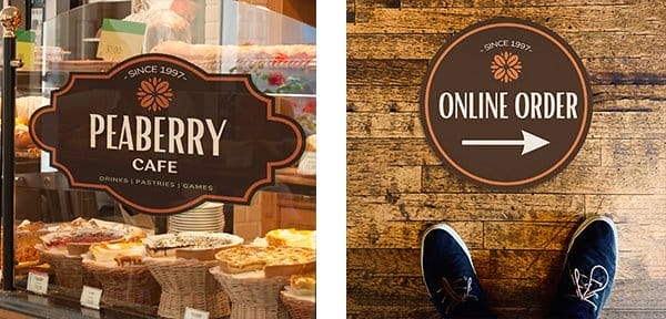 Two different shaped decals for the Peaberry Café. One on its window, the other is placed on the floor directing shoppers.