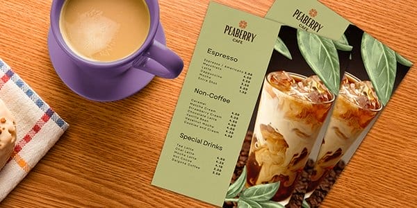 Two menus sit on a wooden table with Peaberry Café offerings and an image of an iced coffee.