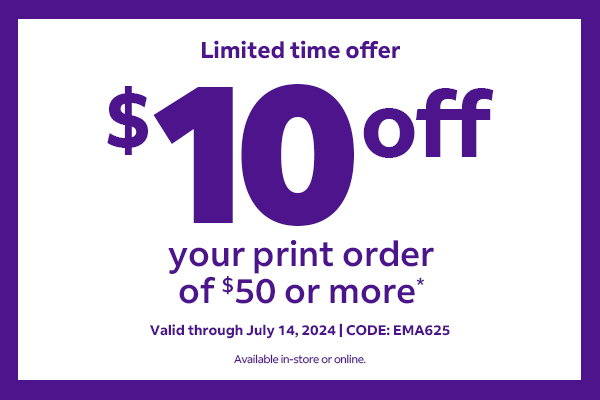 An image showcasing a FedEx Office promotional offer reads Limited time offer. \\$10 off your print order of \\$50 or more. Valid through July 14, 2024. Use code E M A 6 2 5. Available in-store or online.