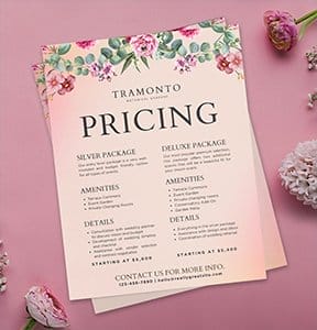 A sales sheet on a pink tablecloth reads “PRICING.”