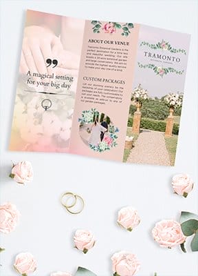 A tri-fold brochure details the venue's wedding space.