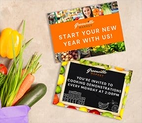 Two different invitations raise awareness for a Greenville Market New Year’s Event.