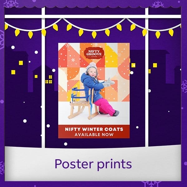 A poster print hangs in a window advertising winter coats.