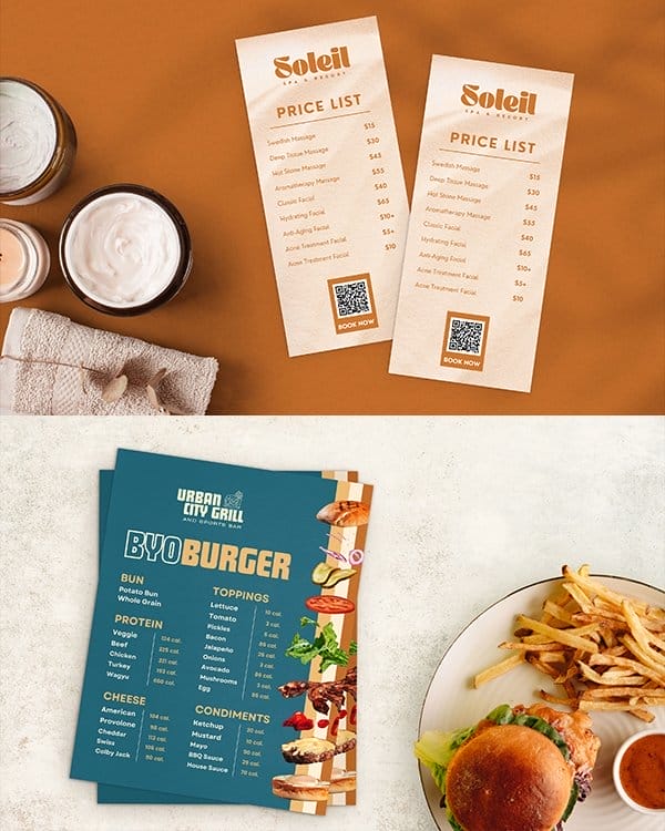 Two different sized menus showcase offerings; one for a salon, the other for a burger restaurant.