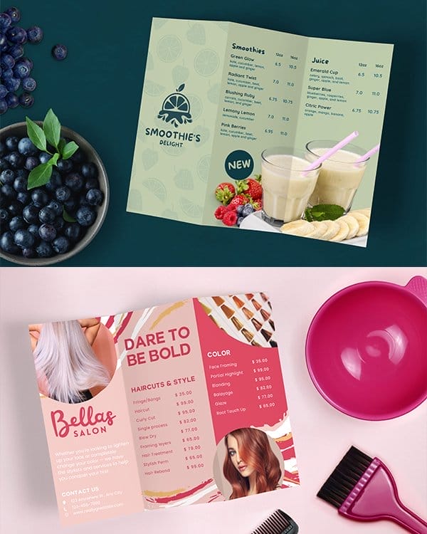 Two customized, z fold brochures advertise offerings at different businesses.