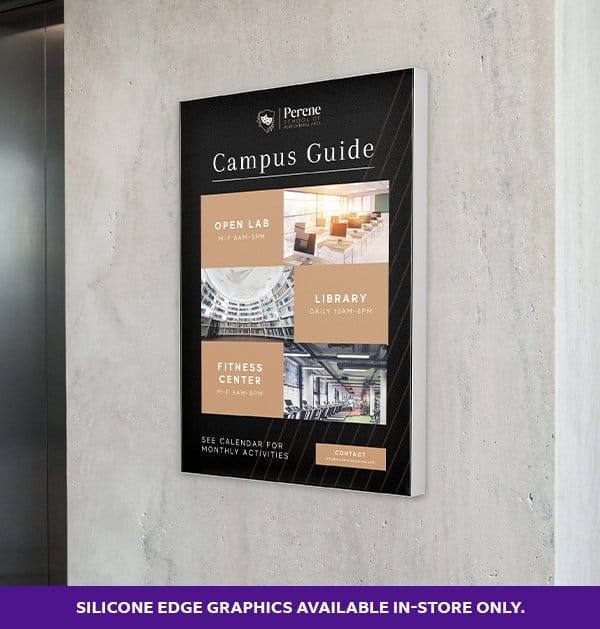 A silicone edge graphic hangs on a wall next to an elevator that reads “CAMPUS GUIDE” and features imagery of the campus.