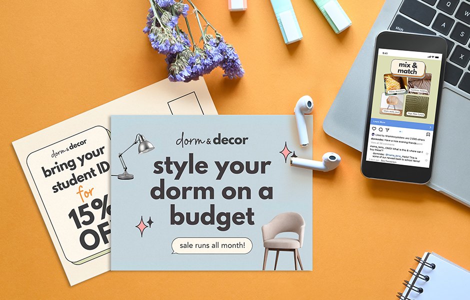 Different FedEx Office products lay across a yellow surface advertising a back-to-school sale.