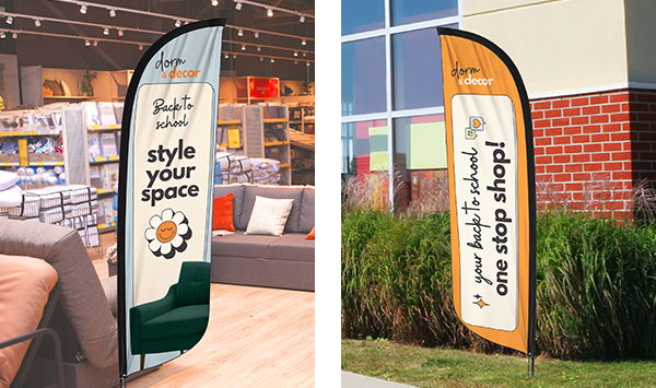 Two different flutter flags advertise for back-to-school. One is indoors and vibrant and one is outdoors and durable.