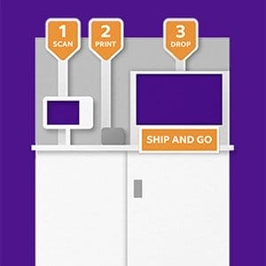 A Ship and Go kiosk from FedEx stands against a purple background.