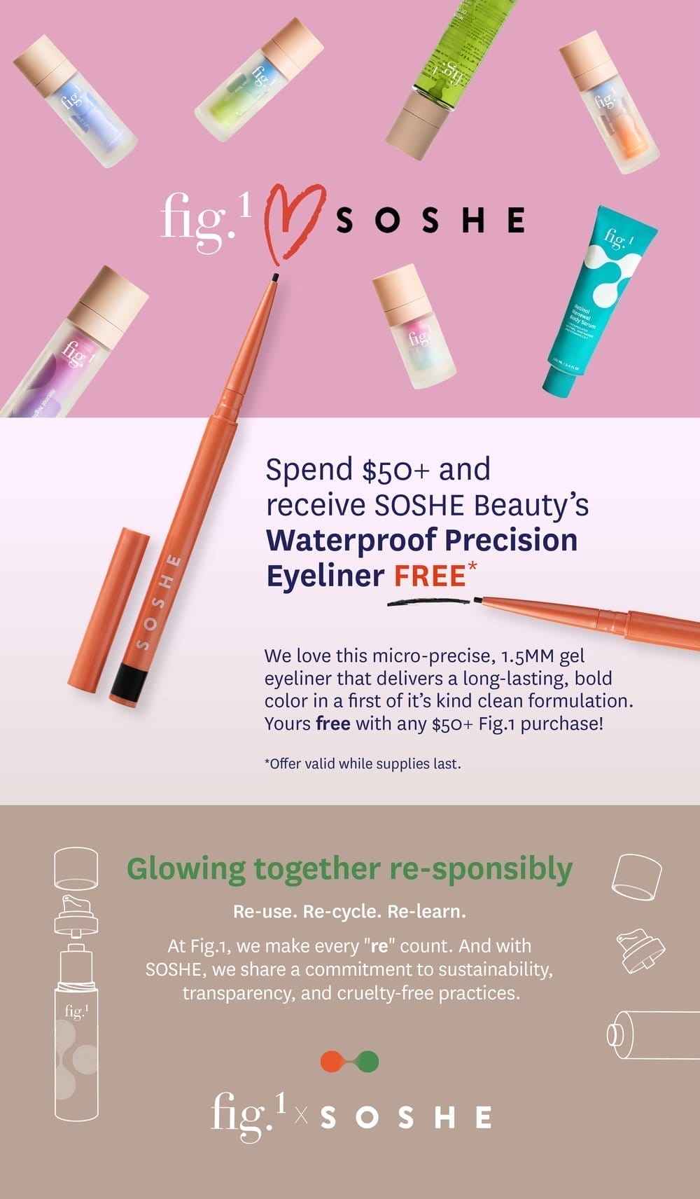 Fig.1 SOSHE - spend \\$50+ and receive SOSHE Beauty's Waterproof Precision Eyeliner FREE* Offer valid while supplies last