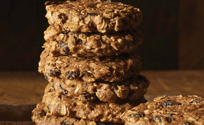 A six-high stack of Chewy Apple Raisin Oatmeal Cookies