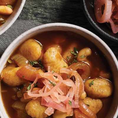 French Onion Gnocchi Soup in a white bowl