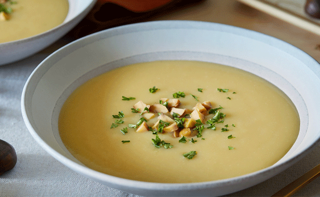 Winter Potato-Leek Soup in a grey bowl