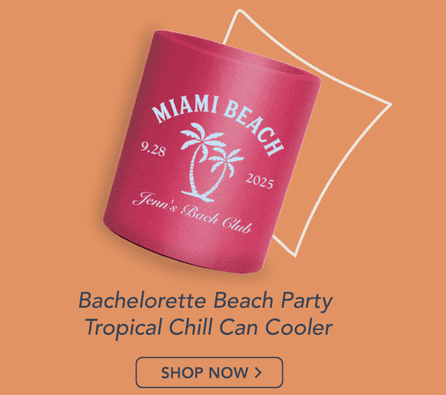 Shop Our Best Sellers! a can cooler called "Bachelorette Beach Party Tropical Chill Can Cooler". It is rounded and one sided and has the words "Miami Beach" in an arc above artwork of palm trees with a date on either side and text underneath.