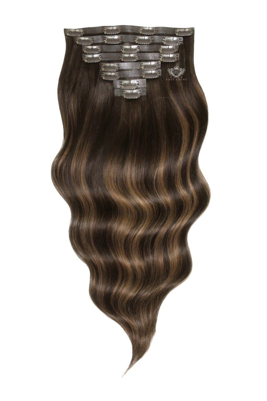 Image of Mochaccino - Elegant 20" Silk Seamless Clip In Human Hair Extensions 160g :Rooted: