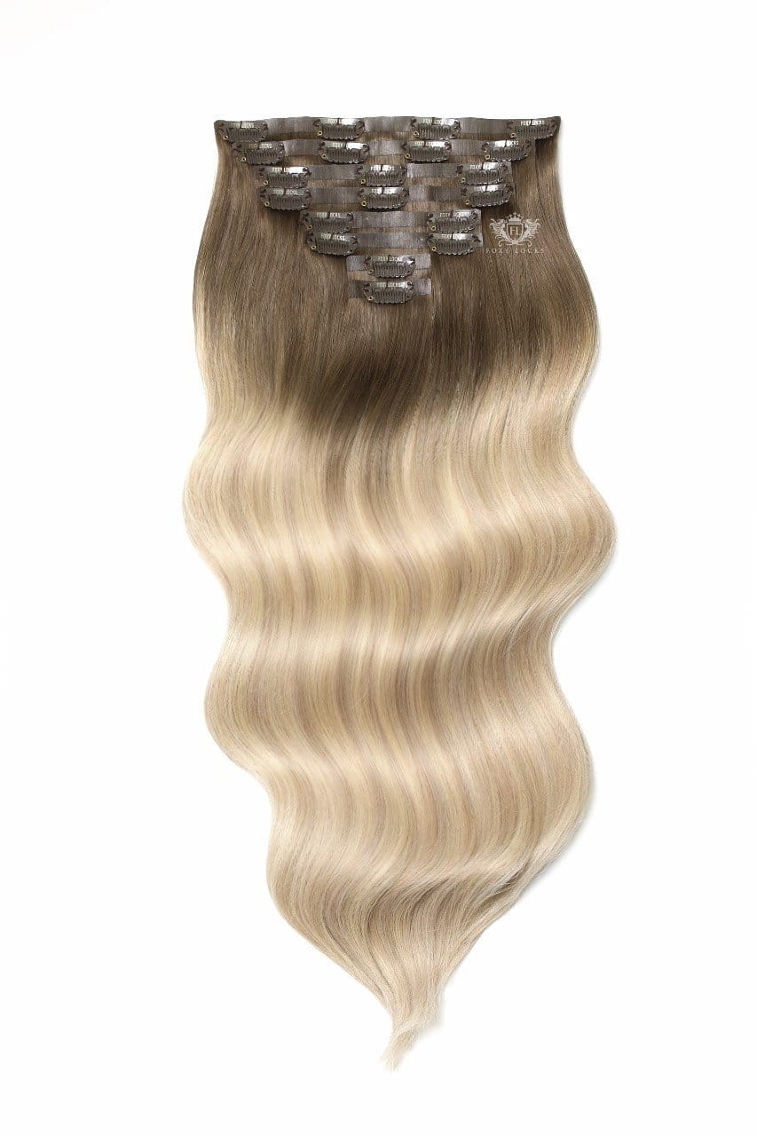 Image of Santorini Blonde - Elegant 20" Silk Seamless Clip In Human Hair Extensions 160g :Rooted: