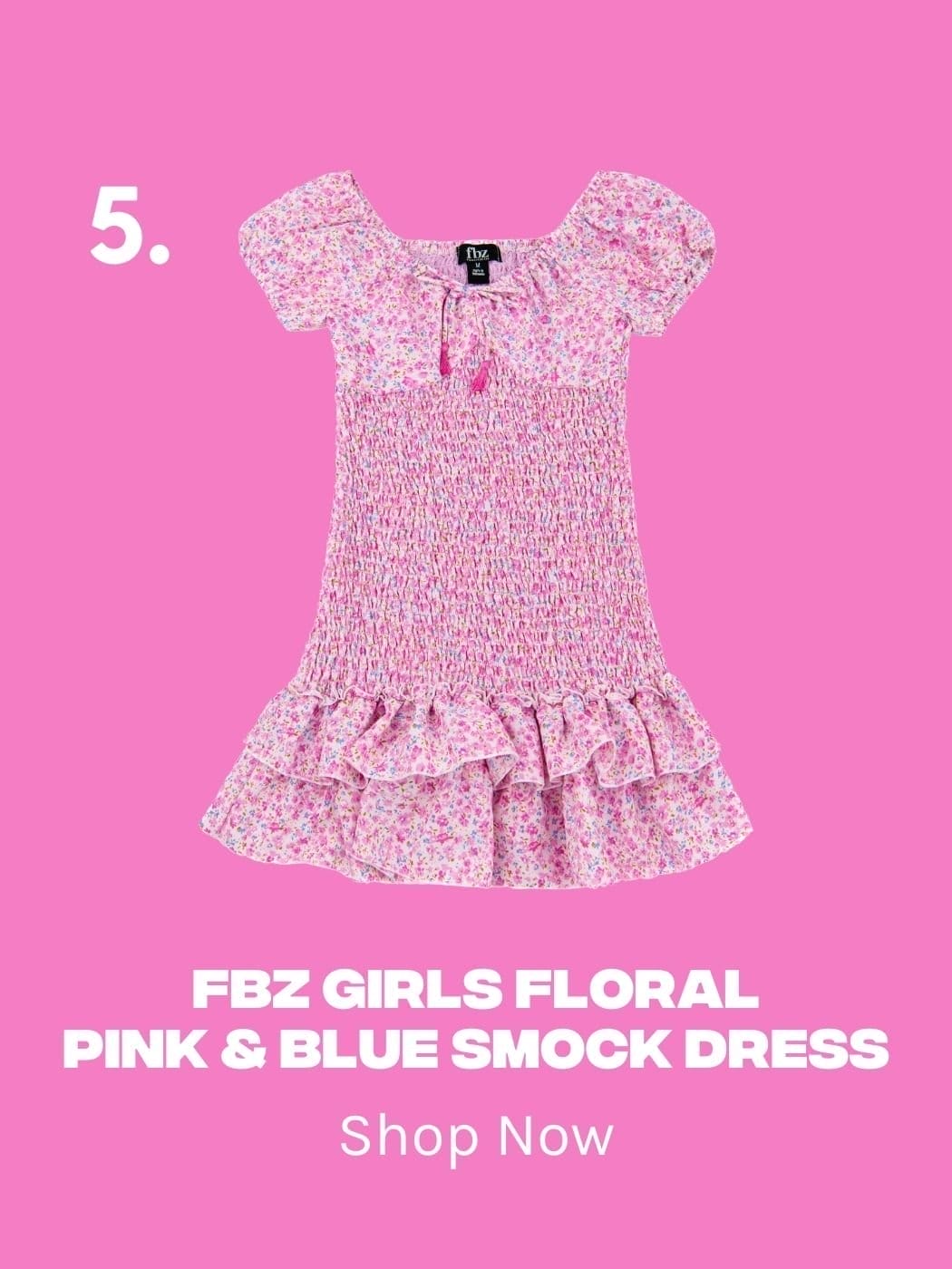 FBZ Girls Floral Pink & Blue Smock Dress