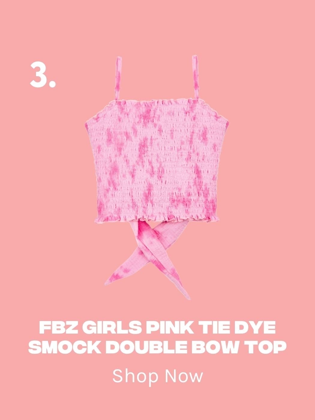 FBZ Girls Pink Tie Dye Smock Double Bow Top