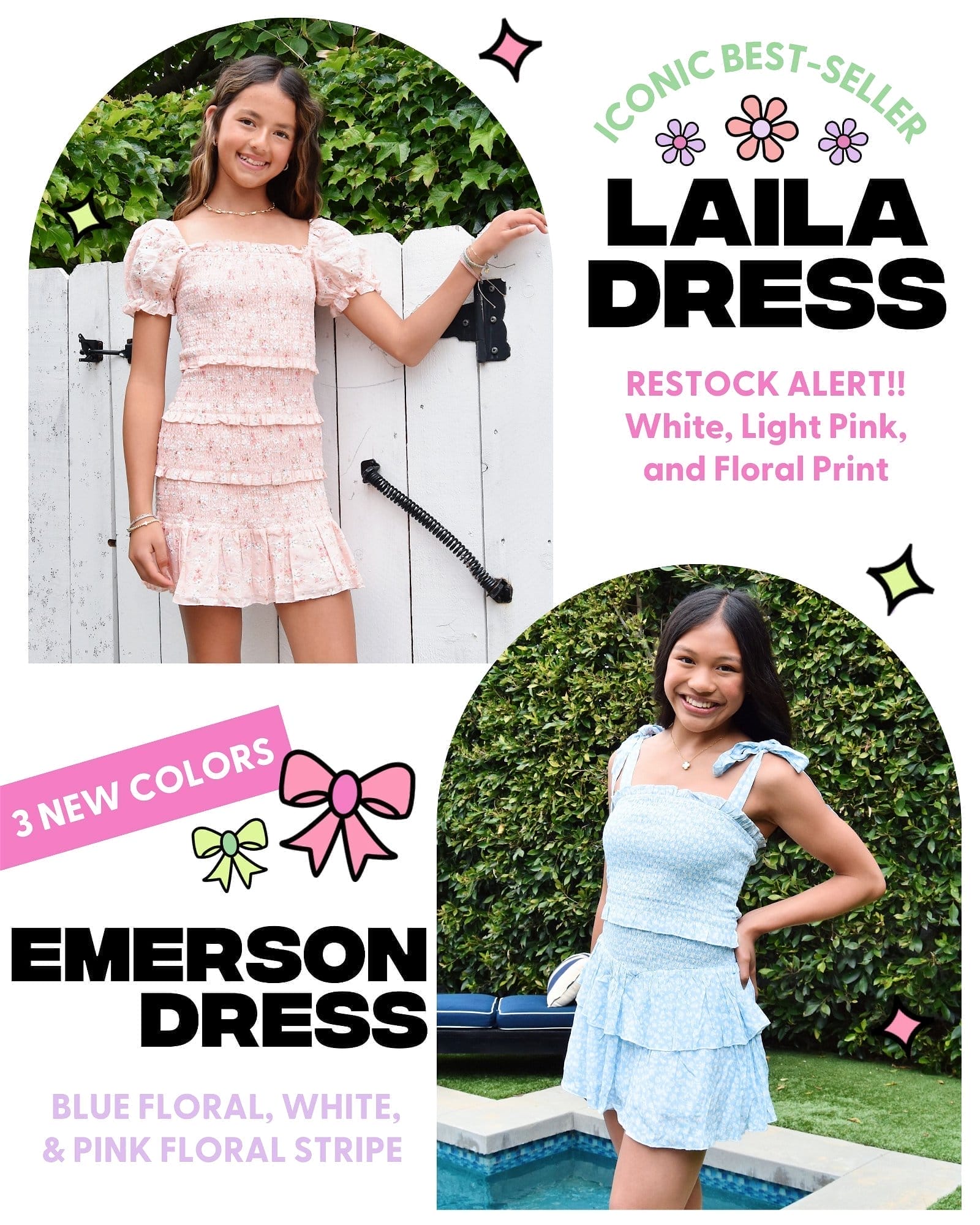 Iconic Best-Seller Laila Dress Restock Alert!! White, Light Pink, and Floral Print. 3 New colors! Emerson dress. Blue floral, white, and pink floral stripe.