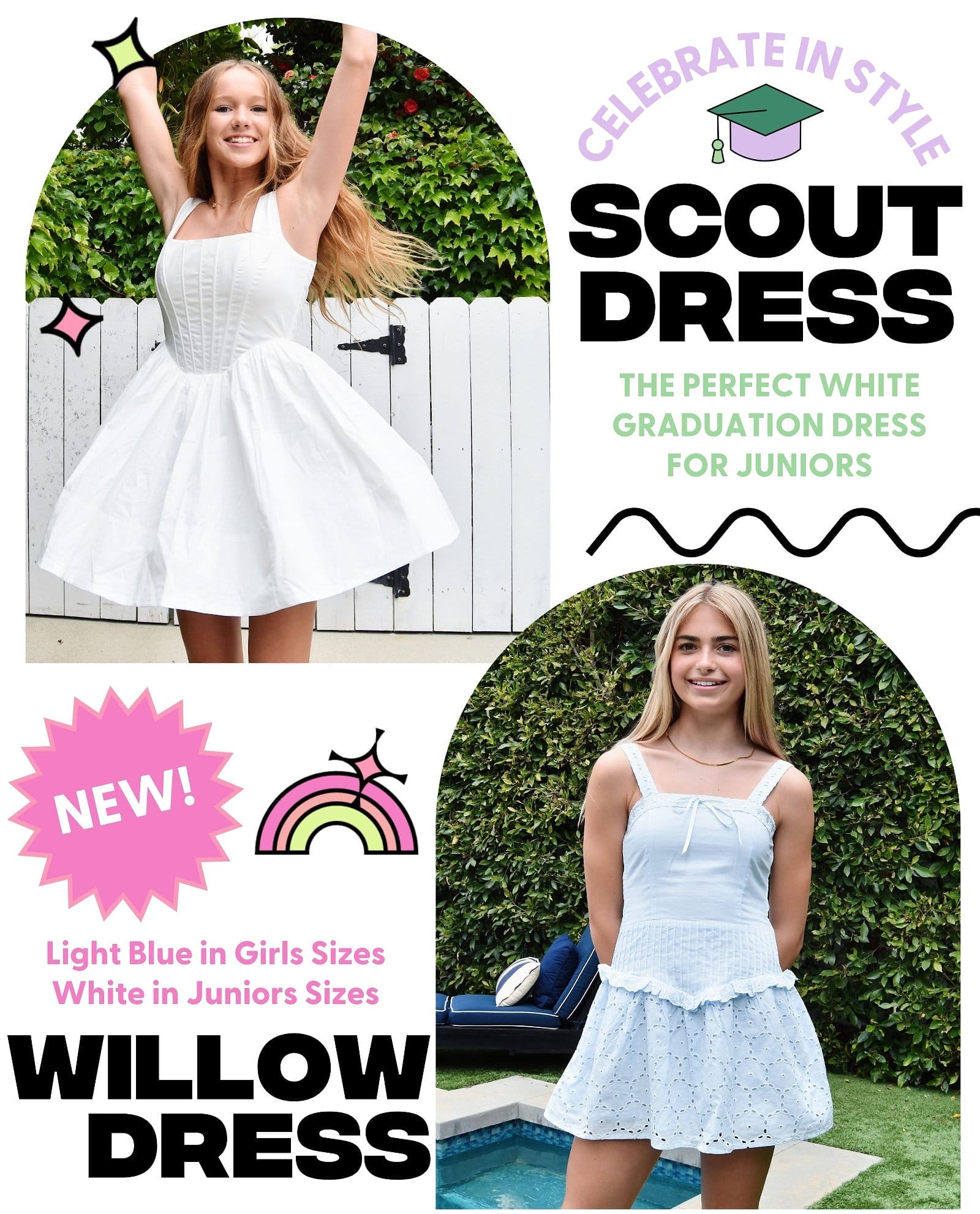 Celebrate in Style Scout Dress The Perfect White Graduation Dress for Juniors. New! Willow Dress - Light Blue in Girls Sizes White in Juniors Sizes