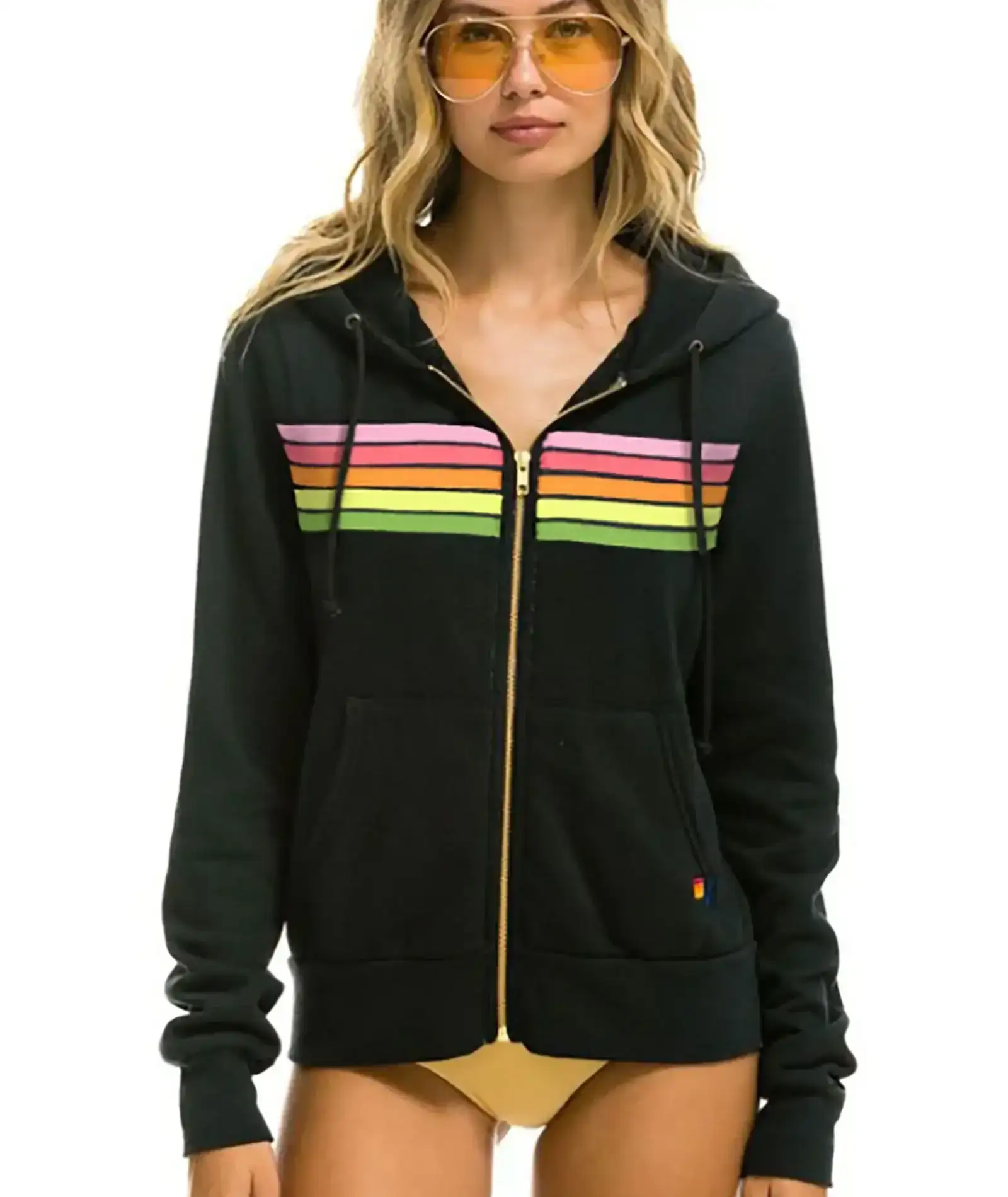 Image of Aviator Nation Women 5 Stripe Zip Hoodie Charcoal/Pink Green