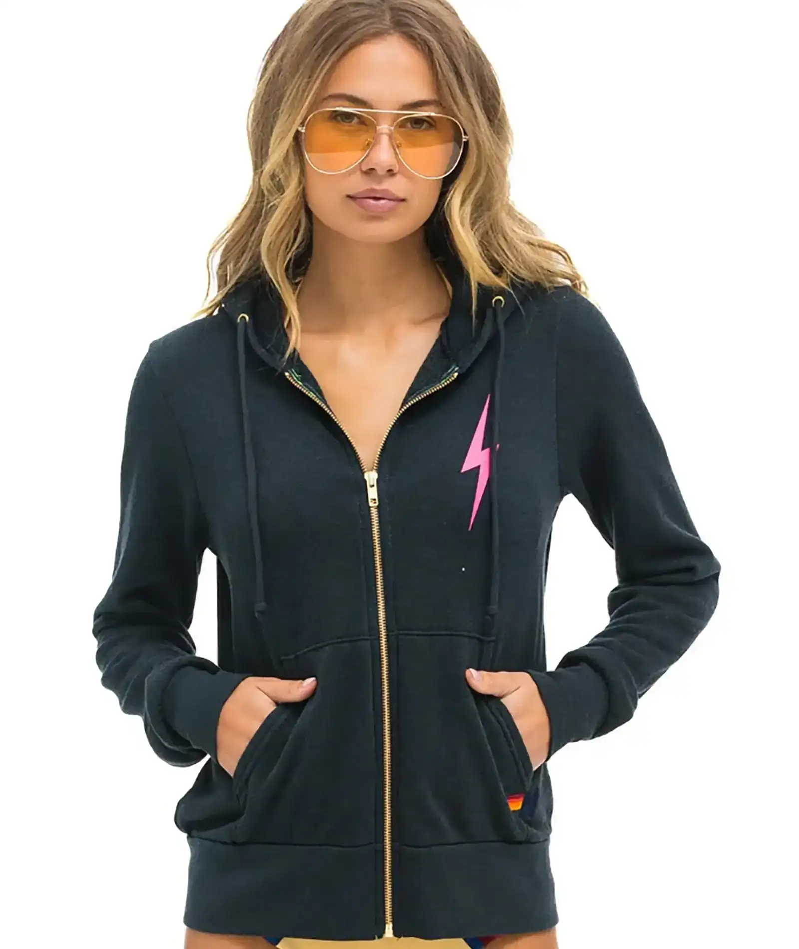 Image of Aviator Nation Women Bolt 2 Zip Hoodie Charcoal/Neon Pink