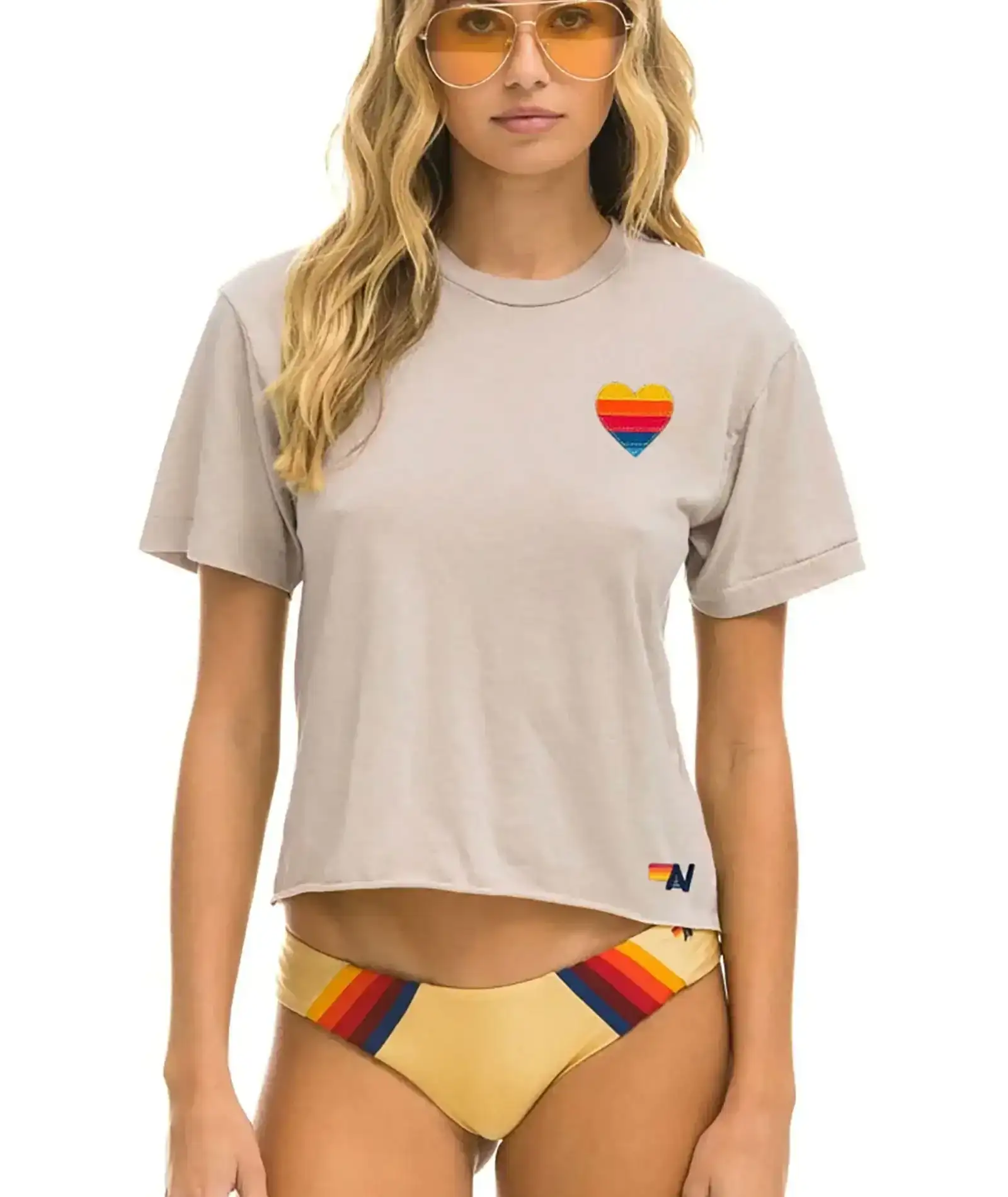 Image of Aviator Nation Women Rainbow Heart Stitch Boyfriend Tee Sand