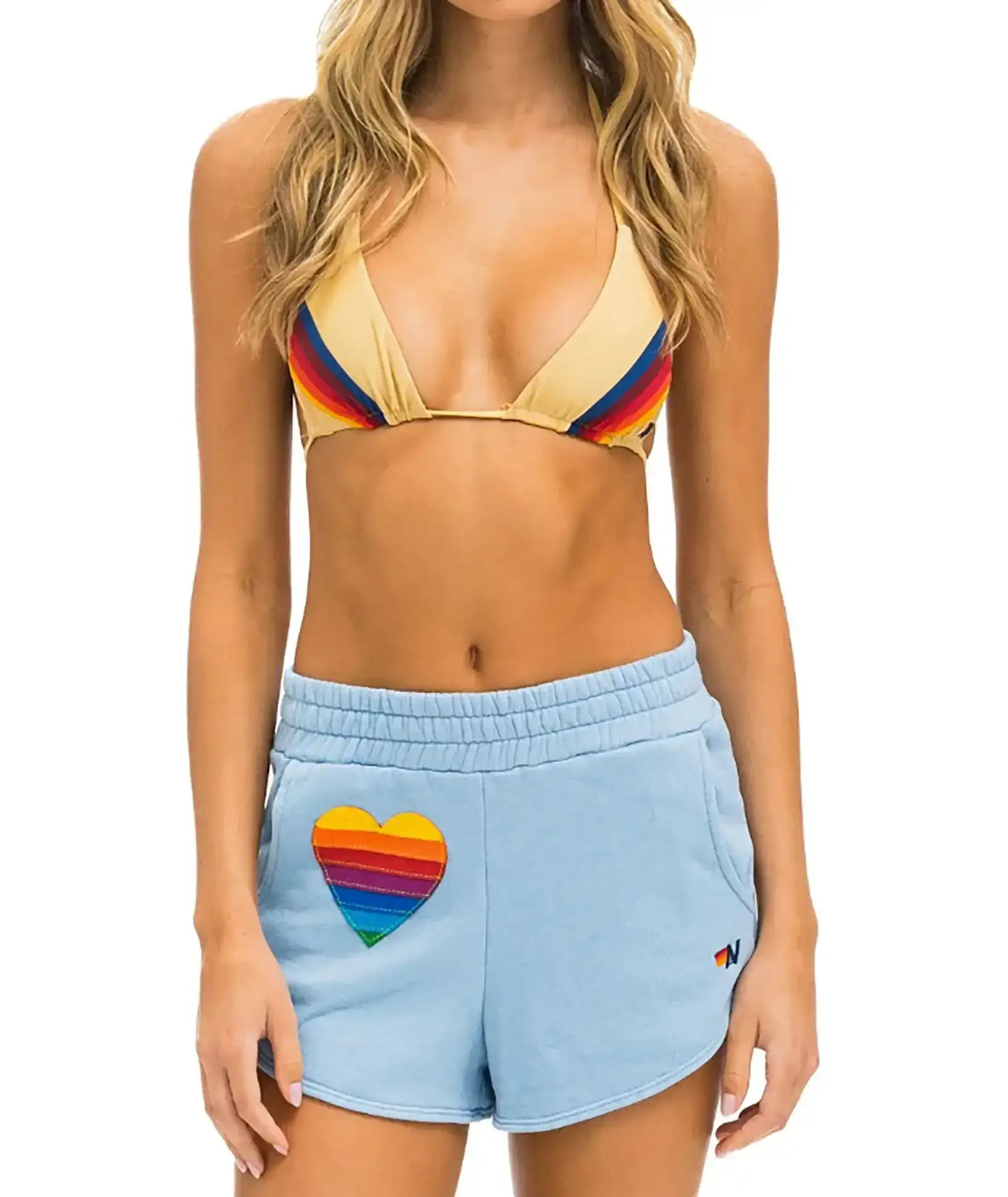 Image of Aviator Nation Women Rainbow Heart Stitch Lounger Shorts Ice