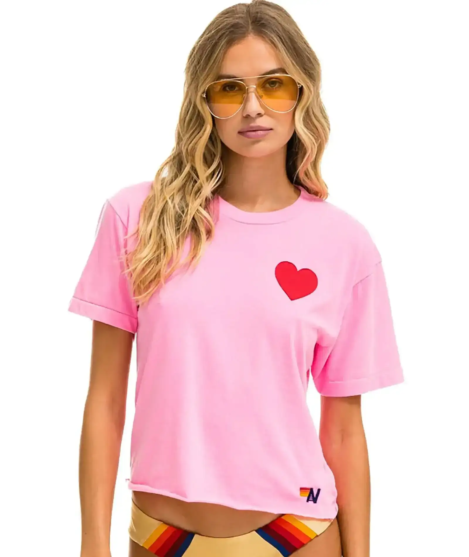 Image of Aviator Nation Women Heart Stitch Boyfriend Tee Neon Pink