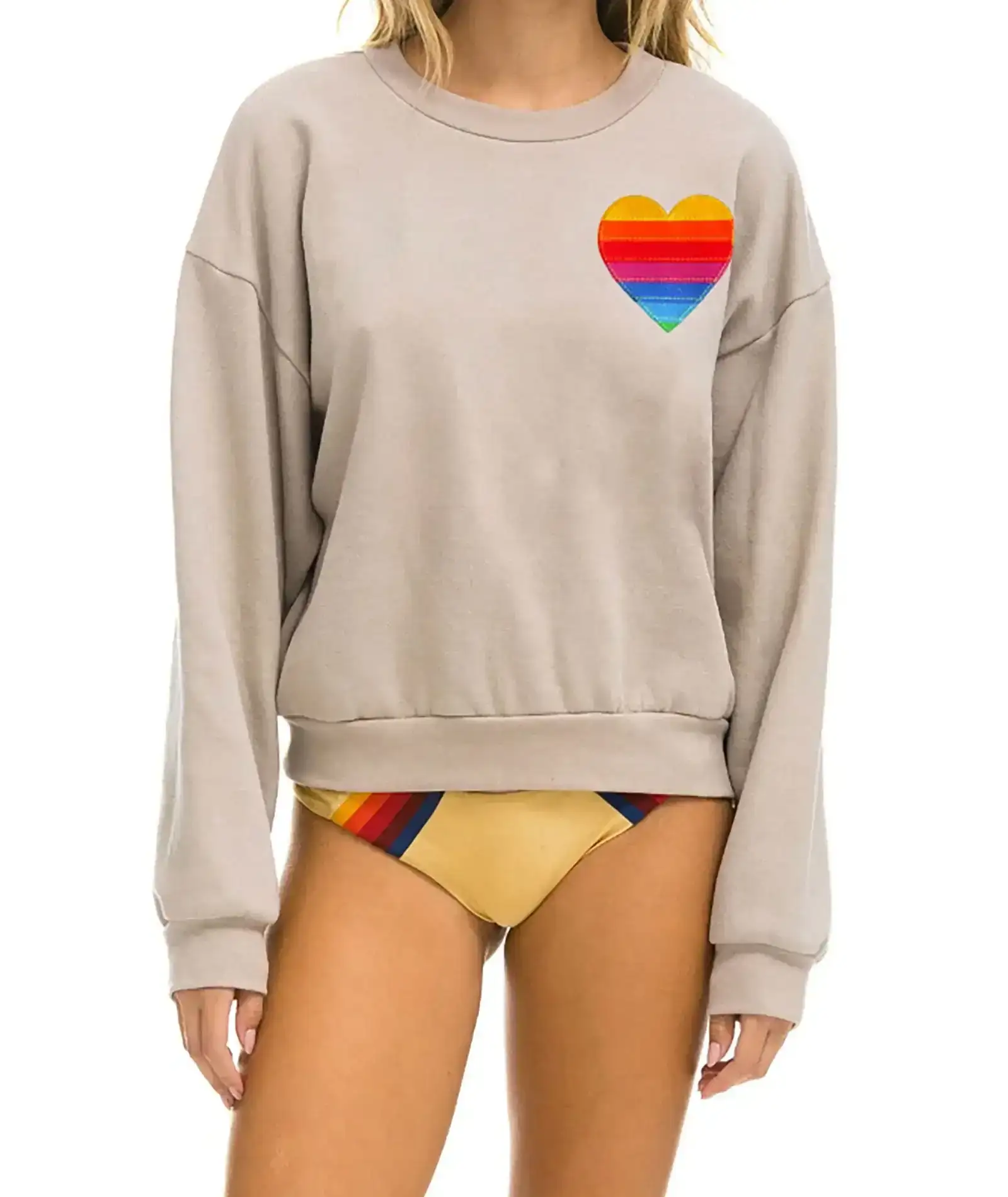 Image of Aviator Nation Women Rainbow Heart Stitch Crew Sweatshirt Sand