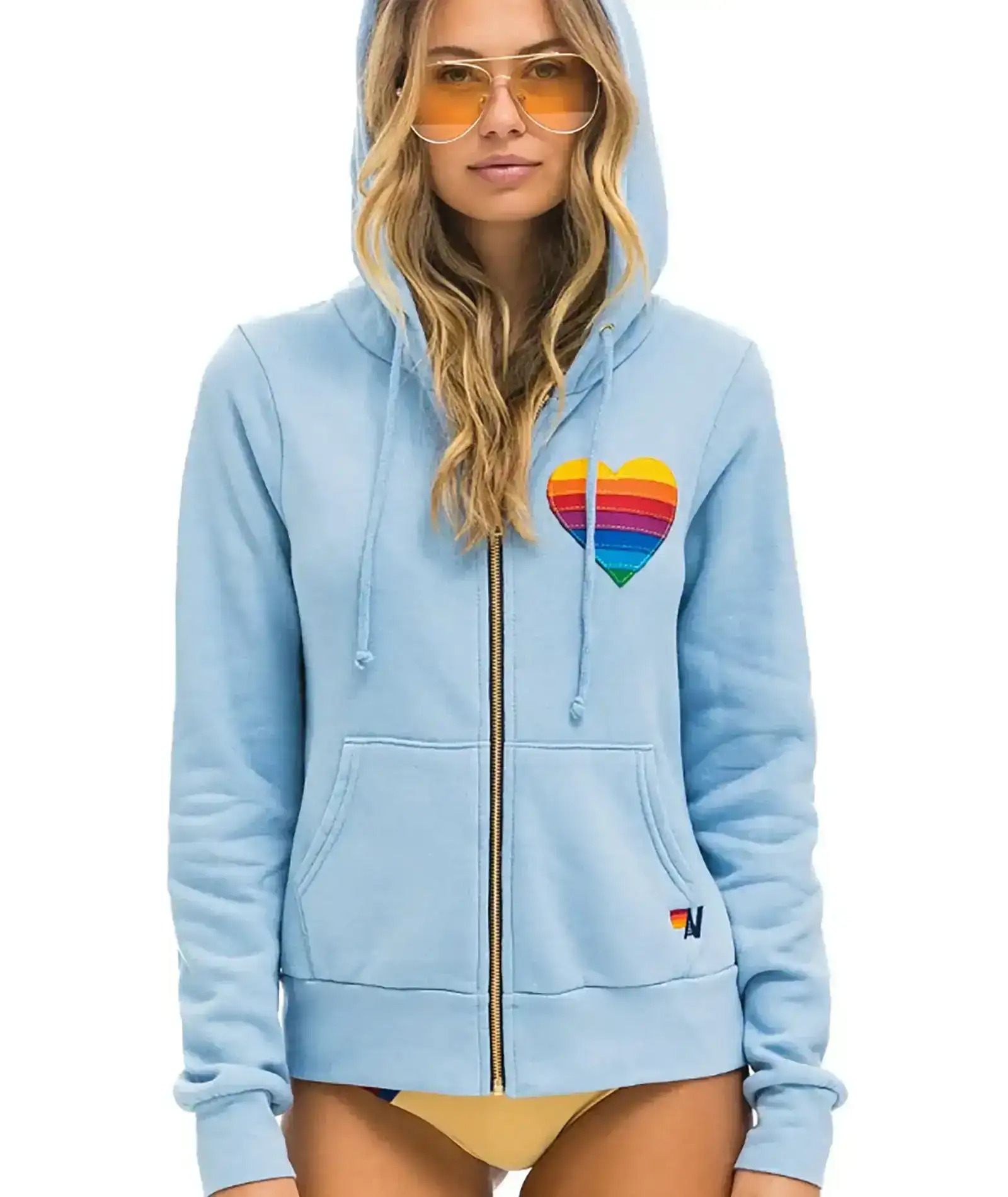 Image of Aviator Nation Women Rainbow Heart Stitch Zip Hoodie Ice