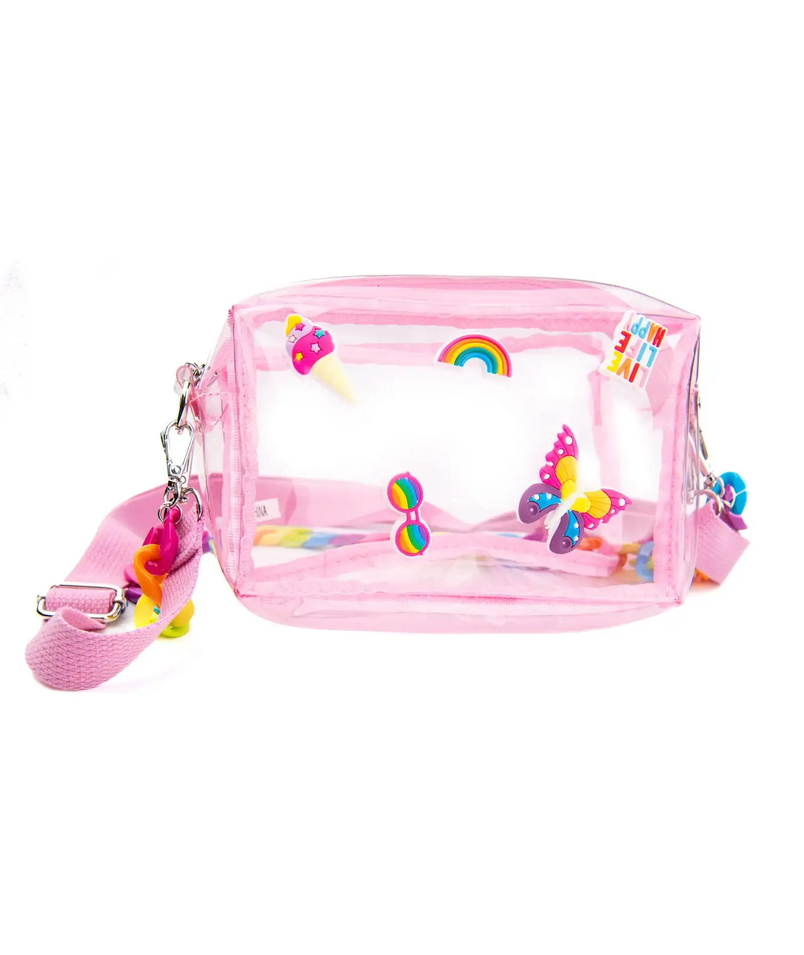 Image of Bari Lynn Rainbow Strap Clear Bag With Charm Inserts