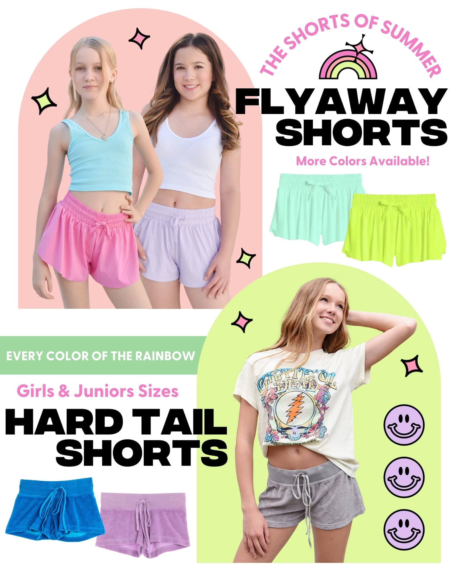 The Shorts of Summer - Flyaway shorts, more colors available! Every color of the rainbow. Girls & Juniors Sizes - Hard Tail Shorts