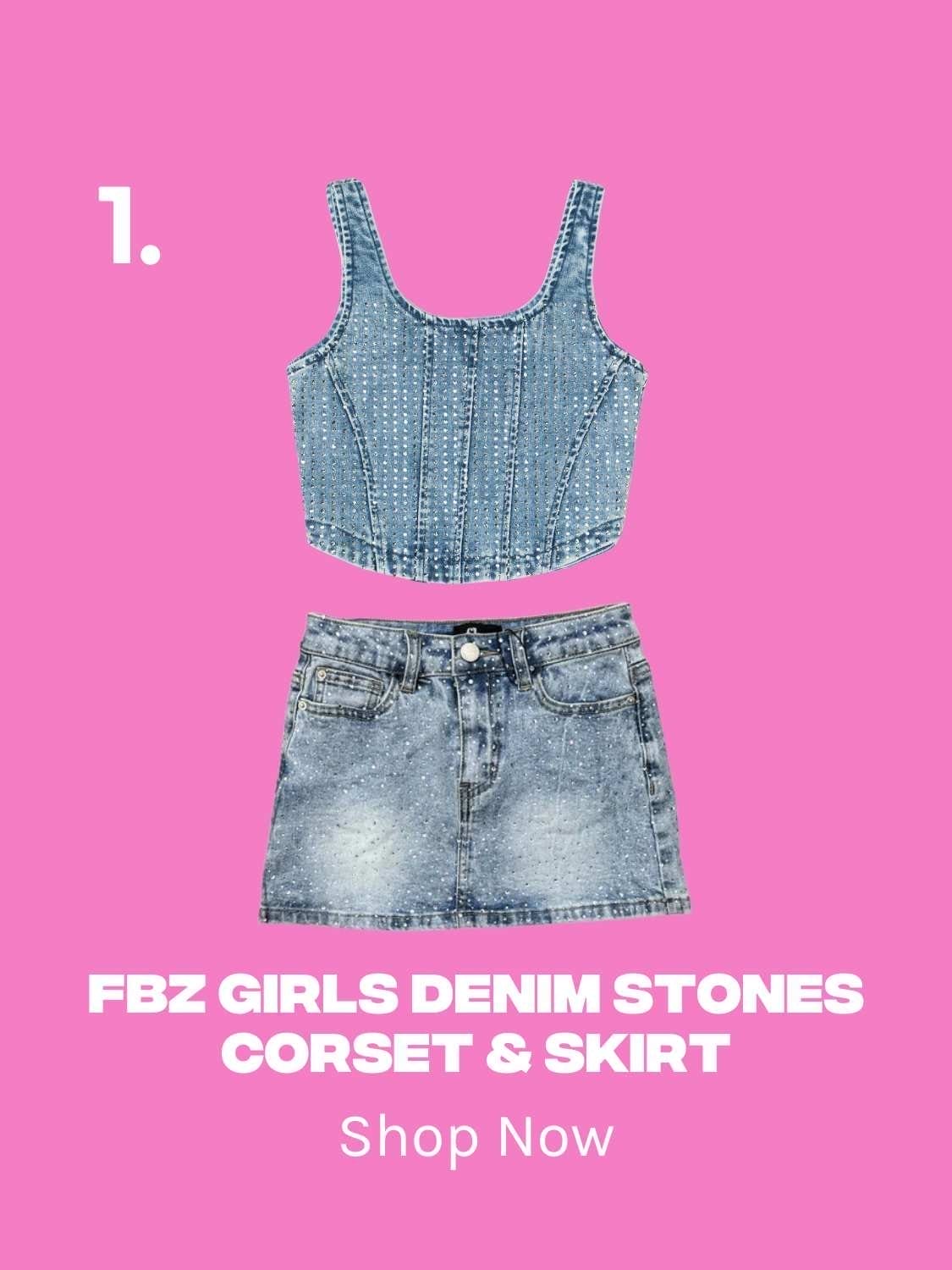 FBZ Girls Denim Stones Corset & Skirt