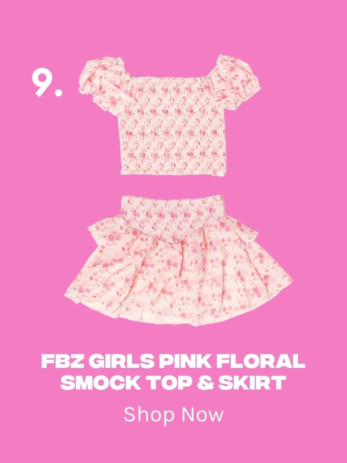 FBZ Girls Pink Floral Smock Top & Skirt