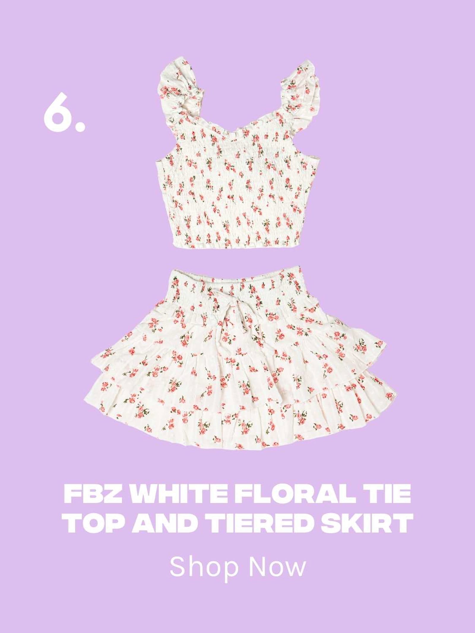 FBZ Girls White Floral Tie Top and Tiered Skirt