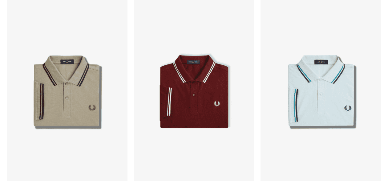 Collage of varied coloured twin tipped Fred Perry shirts