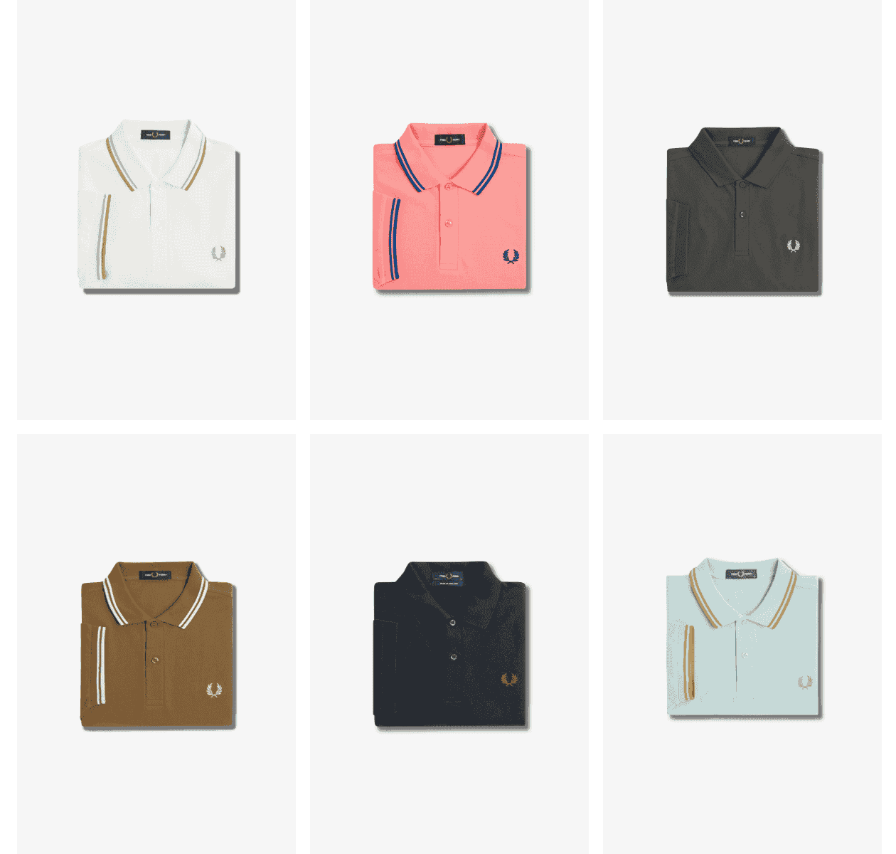 A picture collage of varied fred perry polo shirts