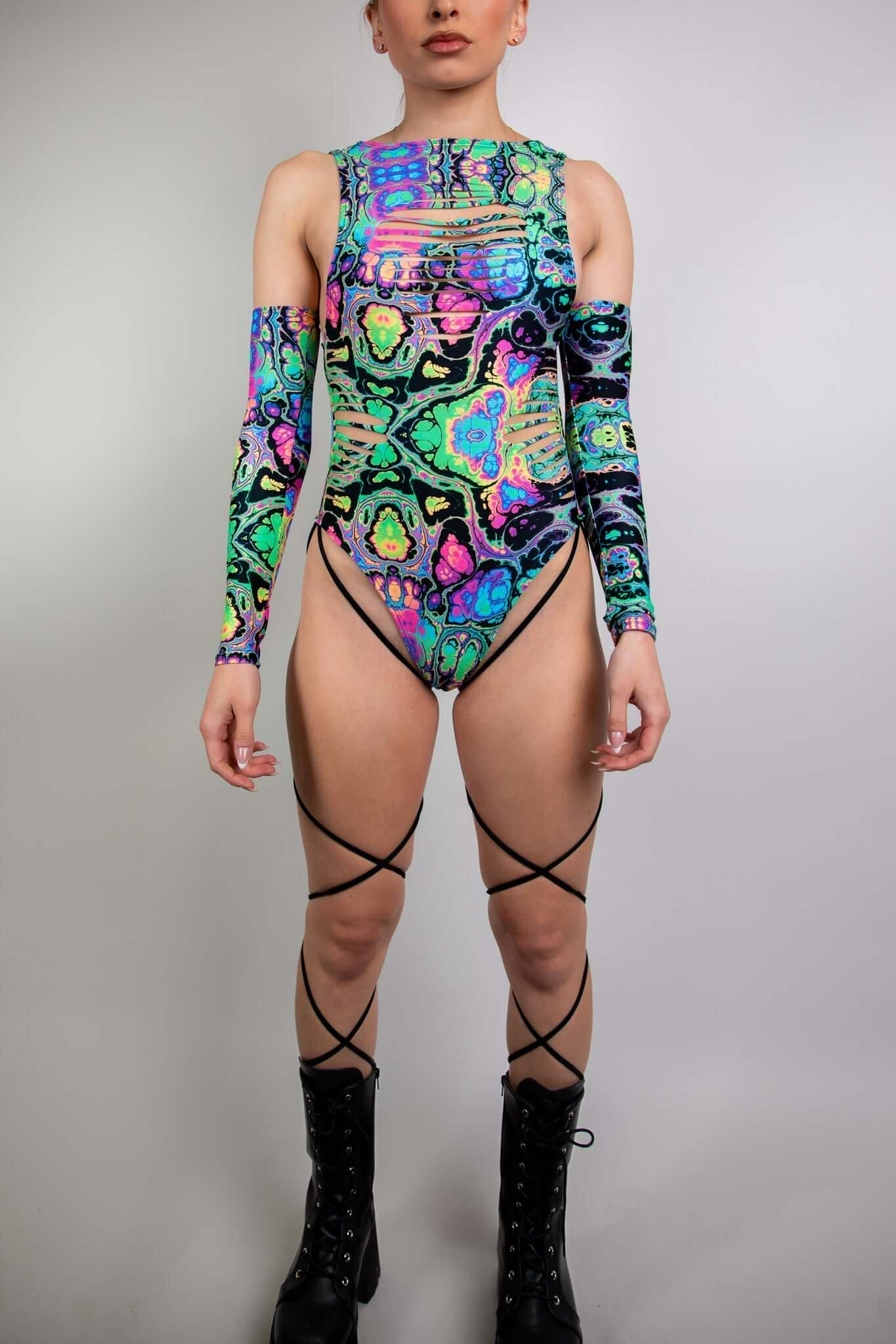 Image of Prismatic Slit Sideboob Bodysuit with Leg Straps