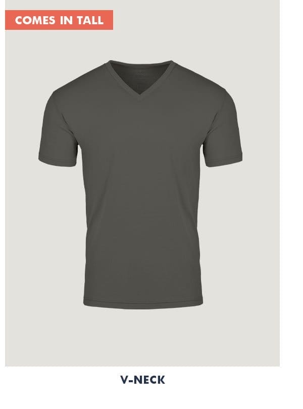 V-Neck. Comes in tall.