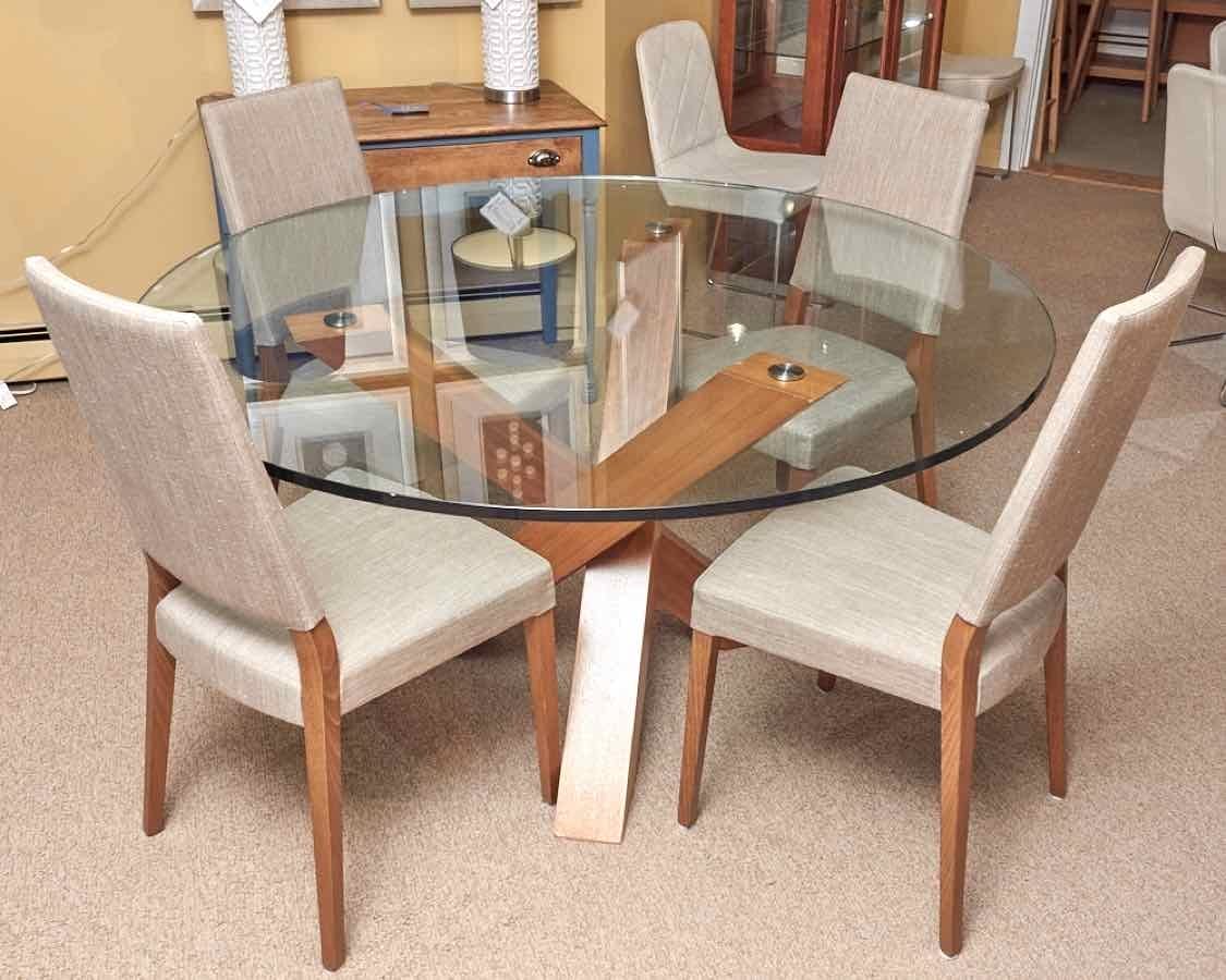 Calligaris Round Glass Top Teak Cross Leg Table & Set o f4 Upholstered Chairs