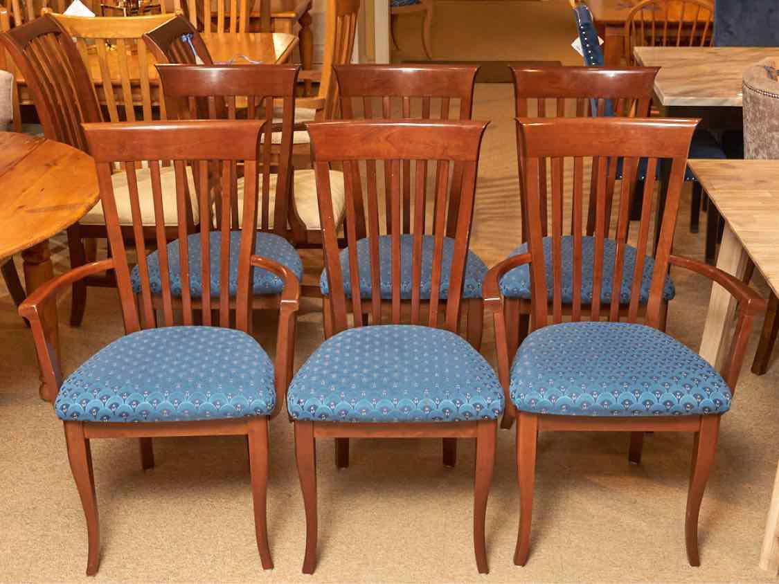 Set of 6 Ash Dining Chairs with Mahogany Finish & Blue Upholstered Seats