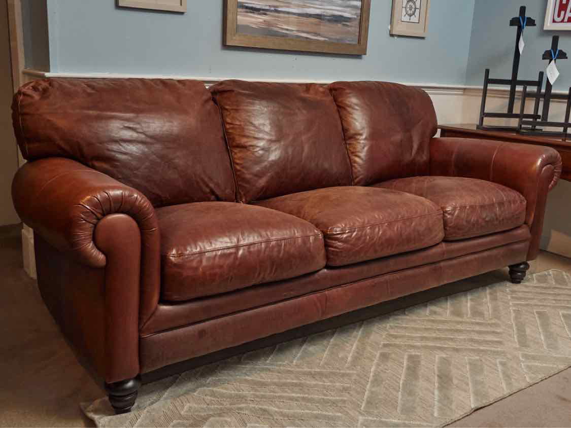 Caramel Leather 3 Cushion Rolled Arms Sofa