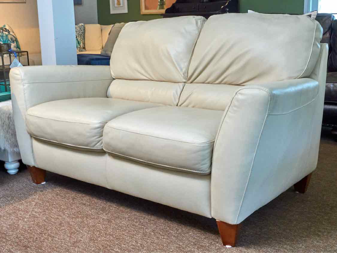 Vanilla White Leather Loveseat with Attached Cushions