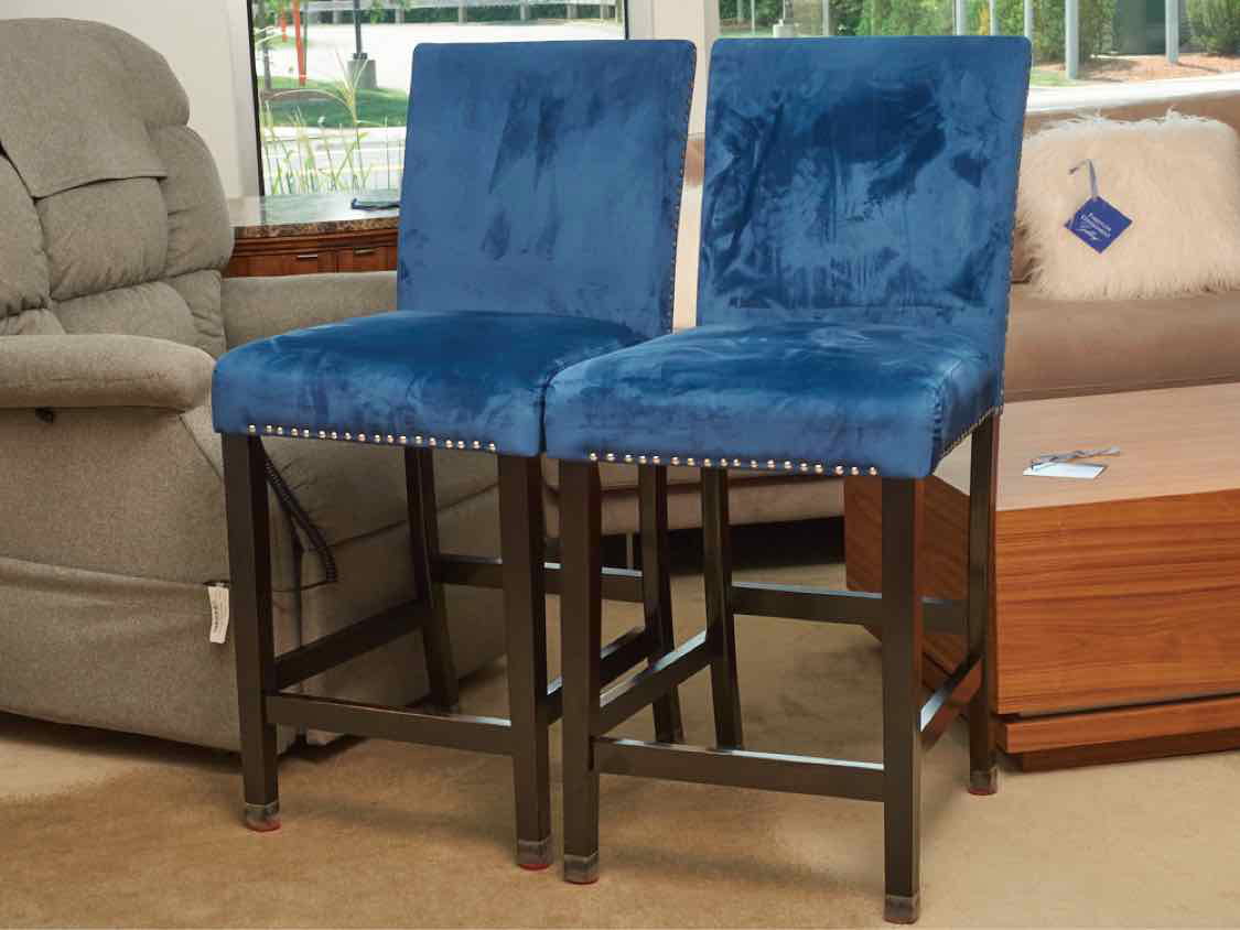 Pair Of Colbalt Blue Chrome Nailhead Trim Counter Stools