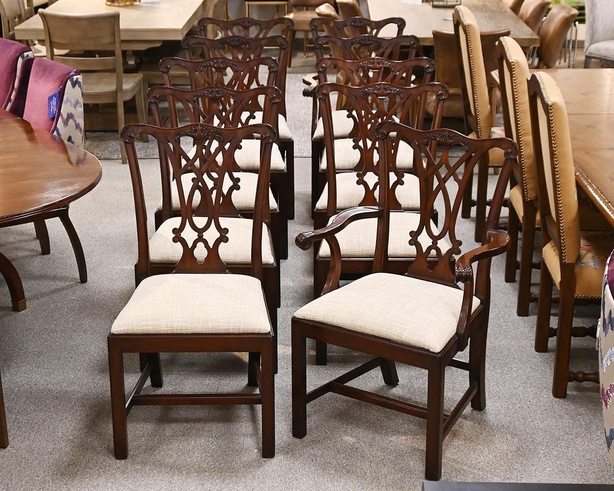  Set of 10 Henkel Harris Chippendale Dining Chairs with Woven Beige & Cream Seats 