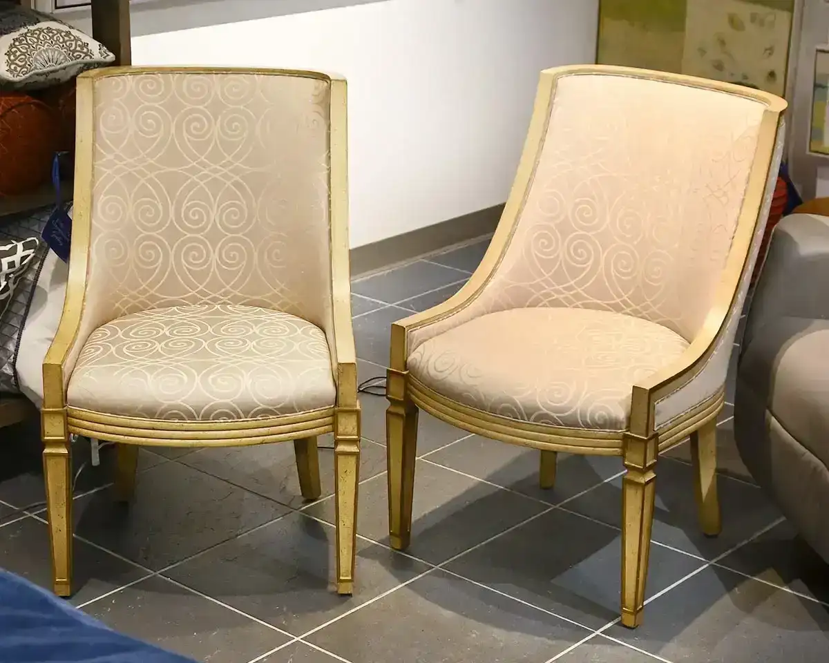  Pair of Baker Cream & Gold Frame Dining Chairs in Champagne & Cream Swirl Fabric 